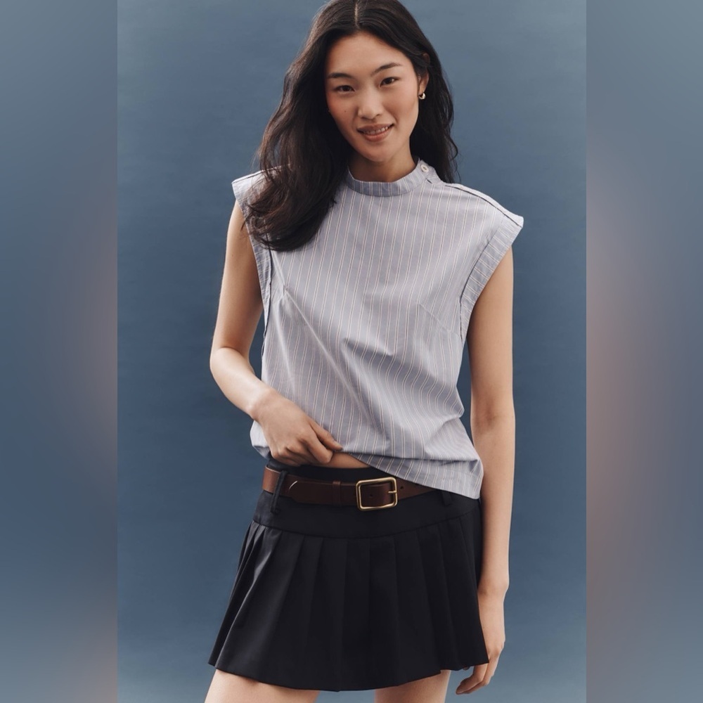 Maeve Button-Sleeve Popover Sleeveless Striped Top Size S